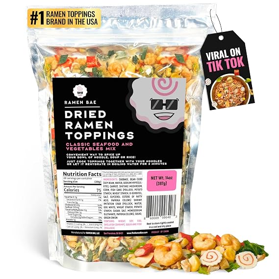 Ramen Bae Seafood & Veggie Mix Ramen Toppings - Low Fat, Low Sodium | Dehydrated Ramen Toppers, Add Ins, Mix Ins for Ramens, Noodles, Soup, Fried Rice - Easy To Prep, Up To 20 Servings