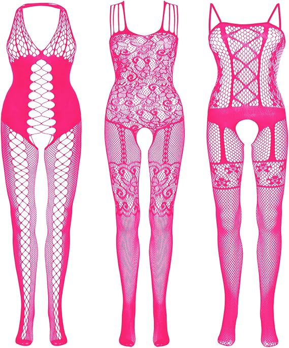 Fengek 3 Packs Women Fishnet Bodysuits, Stockings Sleepwear Lingerie for Couple Dating Nightwear