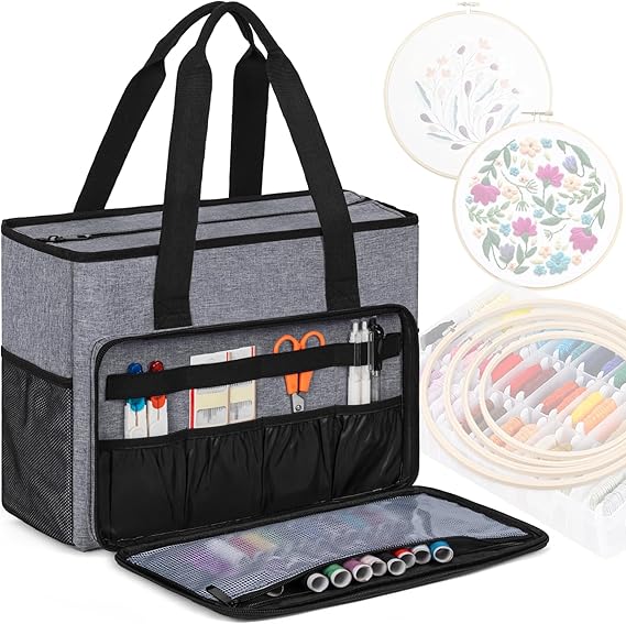 GMAK Embroidery Storage Bag, Embroidery Project Storage Carrying Tote Bag | Embroidery Supplies Cross Stitch Storage Tote Case with Multiple Pockets for Floss, Hoops, Thread, Stitch Tools Kit, Grey