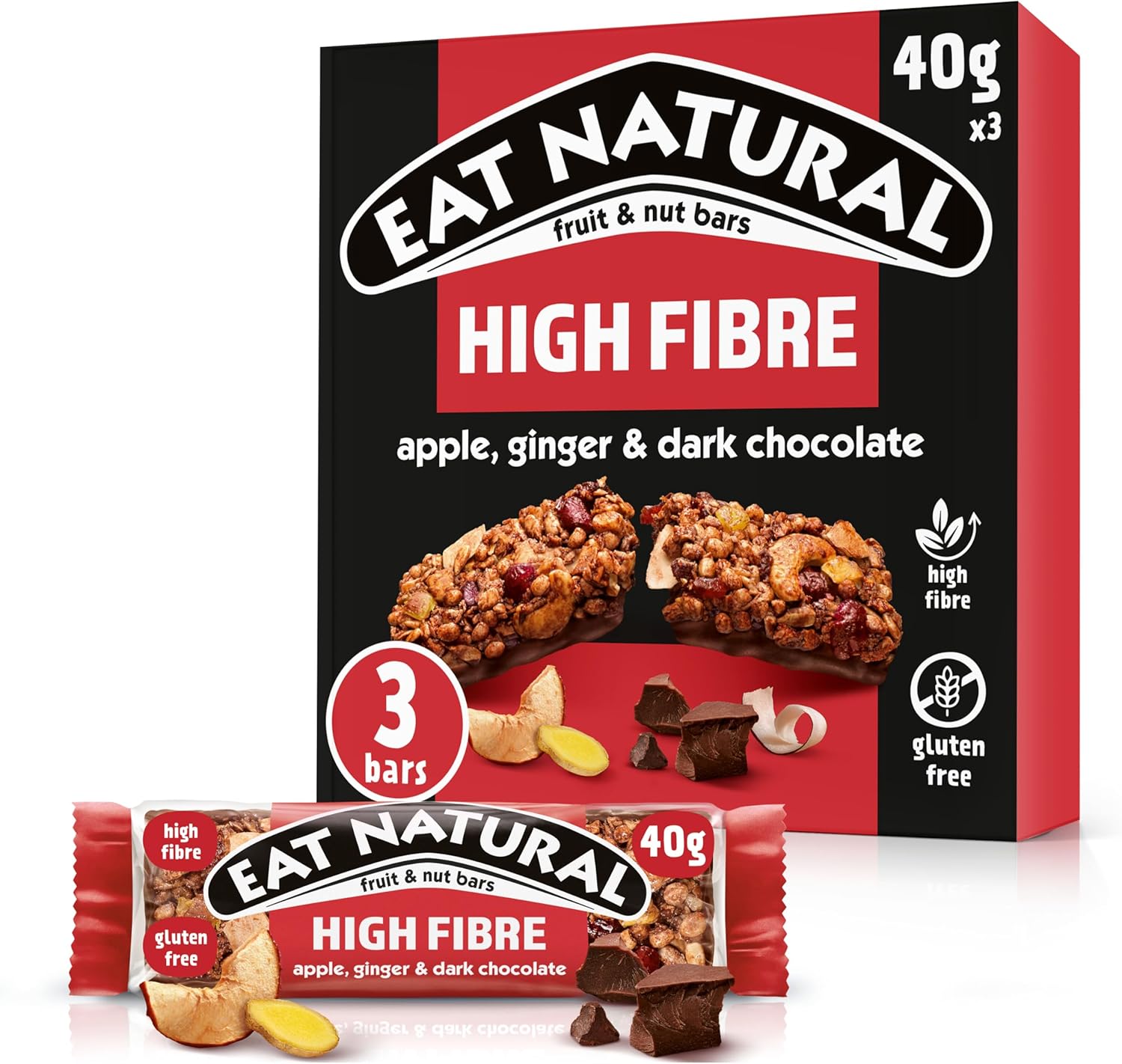 Eat Natural Fruit & Nut Bars - Dark Chocolate with Apple & Ginger - Gluten Free, High Fibre Snacks - Zesty & Indulgent Treats - Multipack 3 x 40g