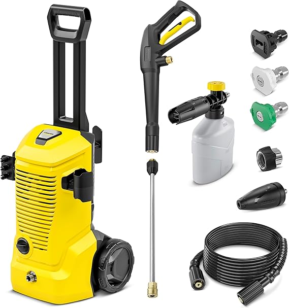 Karcher K 4 Foam Cannon 1900 PSI Electric Pressure Washer with Turbo Nozzle and Large Wheels for All-Terrain Home Maintenance and Foam Cannon for Vehicle Cleaning