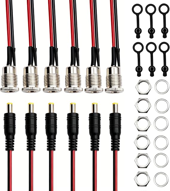 6pack 5.5 x 2.1 mm DC Power Jack Socket and Female DC Threaded Barrel Jack Panel Adapter,with Dustproof Plug