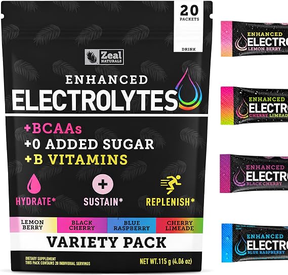 Zeal Naturals Enhanced Electrolyte Powder Stick Packs (Variety Pack - 20 Packets) Sugar Free + BCAA B-Vitamins & Pink Himalayan Salt - Keto Electrolytes, Hydration Powder