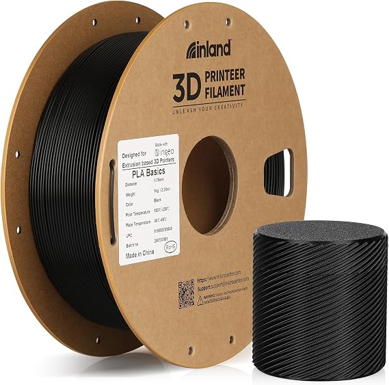 Inland PLA Basics Filament 1.75mm, 1kg Spool Dimensional Accuracy 0.02mm, Neatly Wound, Fits Most FDM 3D Printers (Black, 1 Pack)