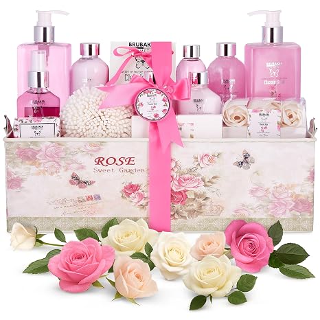 BRUBAKER Cosmetics Bath and Shower Set Rose Fragrance - 17-Piece Beauty Gift Set in Vintage Gift Box