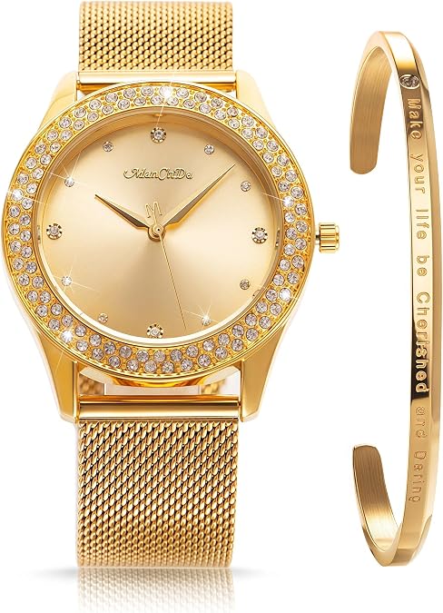 ManChDa Womens Wrist Watch Crystal Case Mesh Stainless Steel Band Bling Ladies Watches Analog Quartz Diamond Classic Fashion Romantic + Jewelry Cuff Bracelet Set Slim Thin Casual Glitter Gold