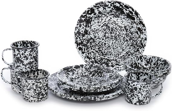 Enamelware Starter Set, 16 piece, Black/White Splatter