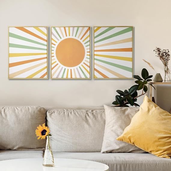 ArtbyHannah Framed Canvas Wall Art, Boho Gold Sun Minimalist Wall Decor