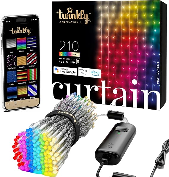 Twinkly Christmas Curtain Lights 210 RGB+W LEDs - App-Controlled, Sync with Music, Indoor & Outdoor Use, Compatible with Google Assistant, Amazon Alexa, Apple HomeKit, Bluetooth & WiFi Connectivity