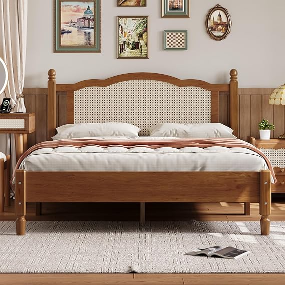Bohemian Queen Bed Frame - Rattan Headboard, Arc Design, Wooden Slat Support, Wicker Bed Frame for Bedroom (Walnut)