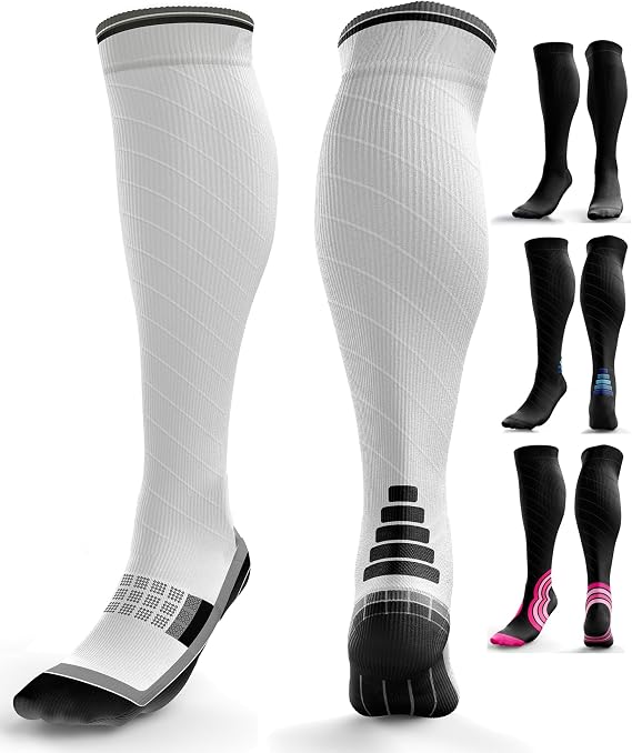 Compression Socks for Women &amp; Men (20-30 mmHg) Knee-High Flight Socks, Graduated Ankle and Calf Support for Travel, Running - Seamless Toe, Padded Heel and Sole