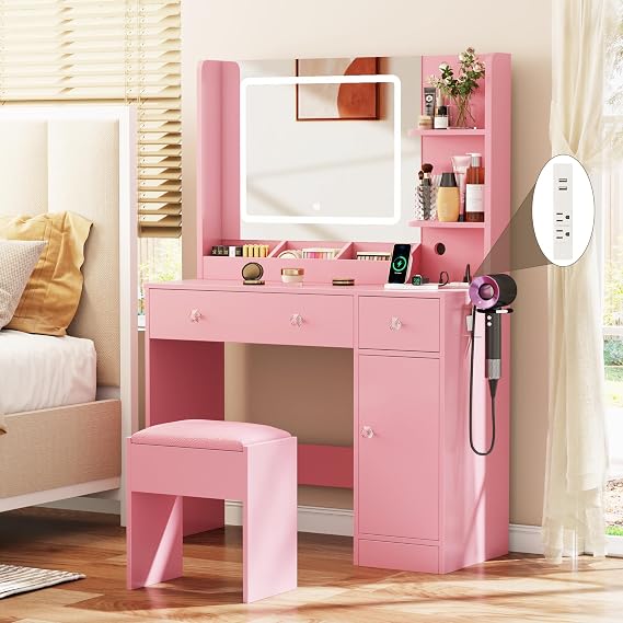 Korfile Makeup Vanity Desk with Mirror and Lights 3 Color, Vanity Set with Power Outlet and Stool, Pink Vanity Desk with Cabinet and Drawers,Make Up Dressing Table with Storage Shelves