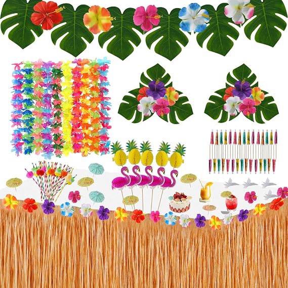 Hawaiian Luau Party Decorations Set - Tropical Grass Table Skirt With Palm Leaves and Flowers for Beach Summer BBQ Tikki Bar Theme Party