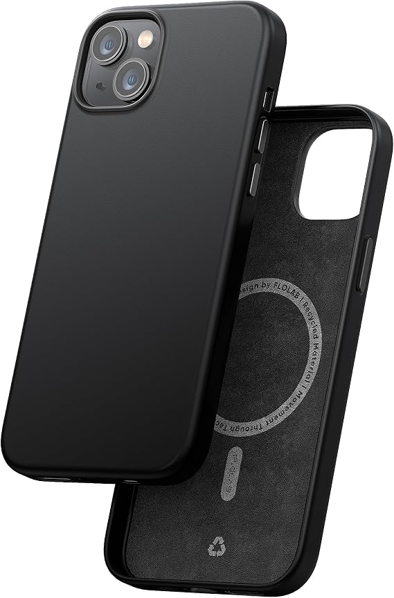 FLOLAB TerraTact Magnetic case for iPhone 15 Leather Case Black Durable Protective Slim Design Magsafe Compatible, NAPA Leather, Microfiber Interior, Aluminum Buttons - Midnight Black