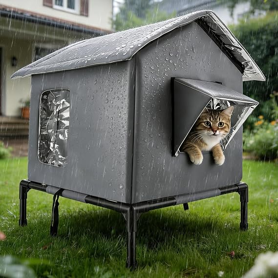 Outdoor Cat House Waterproof, Insulated Cat Shelter with Elevated Base & Aluminium Foil Insulation, Weatherproof Cat Kennel with Door & Window for Indoor/Outdoor Cats, Feral Cats & Small Dogs