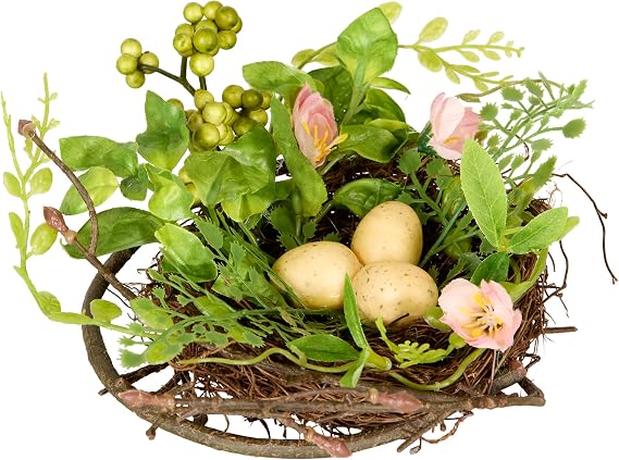 National Tree Company 6 Inch Blossom Birds Nest with Eggs, Faux Flowers, Leafy Greens and Berries, Spring and Summer Tabletop Decor, Indoor or Covered Outdoor Decor