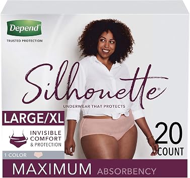 Depend Silhouette Adult Diapers, Incontinence & Postpartum Bladder Leak Underwear for Women, Maximum Absorbency, Large, Pink, 12 Count, Packaging May Vary