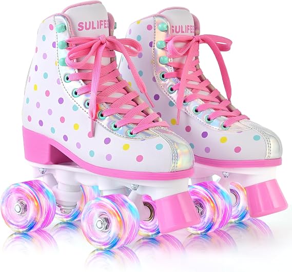 SULIFEEL Roller Skates for Girls and Women with Light up Wheels and Polka Dot Pattern, Kids and Adult Roller Sktes for Outdoor and Indoor Use