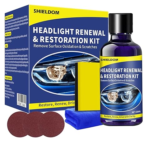 SHIELDOM Professional Headlight Restoration Kit with Abrasive Paper & Surface Ceramic Protective Coating Fluid to Remove Cloudy, Oxidation & Scratches and Restore Clarity DIY Set - 6PCS