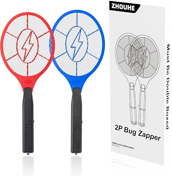 ZhouHe electric fly swatter racket, pack of 2, battery operated bug zapper, indoor and outdoor, red and blue