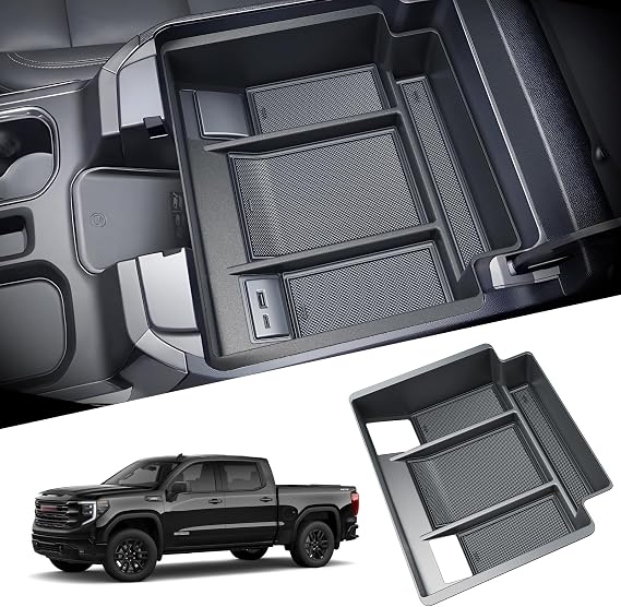 LFOTPP For Sierra Center Console Organizer - Black - Refreshed Models 2022-2025 Chevy Silverado/Sierra 1500 & 2024-2025 Silverado/Sierra 2500HD 3500HD - (Full Console w/Bucket Seats ONLY)