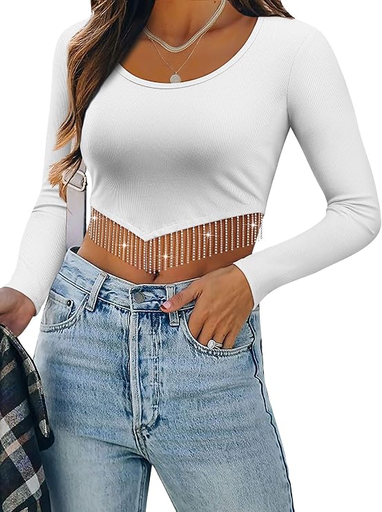 ZXZY Womens Sparkly Rhinestone Fringe Long Sleeve Crop Tops T Shirts S-2XL
