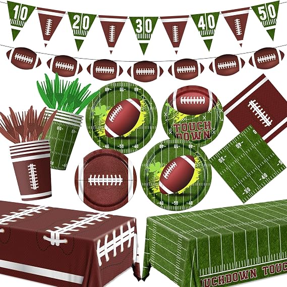 178Pcs Football Party Supplies Tableware Kit Serve 25, Football Party Paper Plates Napkins Touchdown Tablecloth Cups Banner Fork knives for Birthday Game Sport Tailgate Themed Party Decorations