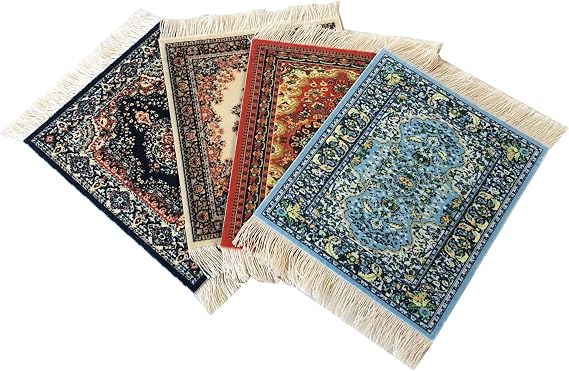 Turkish Carpet Coasters Set of 4 mini Drink mats with Fringe, Protective and Decorative for Home or Office | Dining Accessory