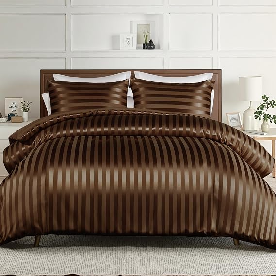 Whale Flotilla 3-Piece Reversible Silky Soft Queen Comforter Set, Luxury Stripe Satin Comforters Full Size Bedding Set with 2 Satin Pillowcases, Lightweight Duvet Set for All Seasons, Brown