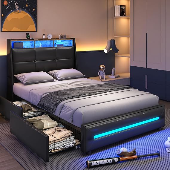 MSmask Twin Bed Frames with 4 Storage Drawers, Charging Station and LED Lights, Upholstered Bed Frame with Button Tufted Wingback Headboard, LED Bed Frame Twin Size, No Box Spring Needed, Black