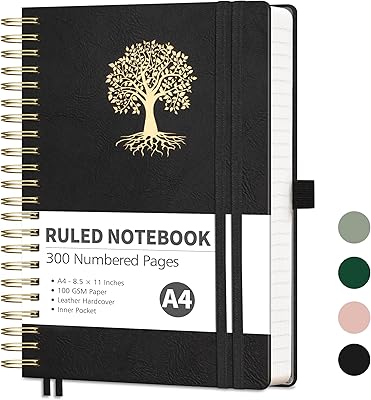 RETTACY Spiral Journal Notebook, 300 Numbered Pages, A4 Large Size 8.5 x 11, for Men & Women, Journaling, Writing, Work & Office, Leather Hardcover, 100 GSM Thick Paper Black