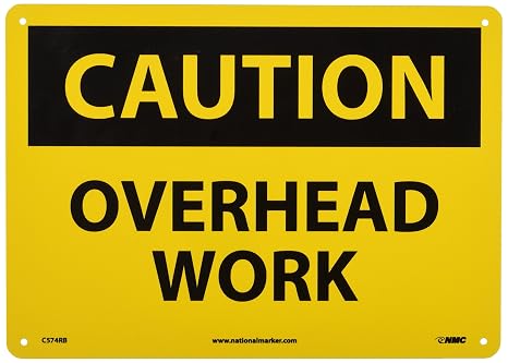 NMC C574RB OSHA Sign, Legend "CAUTION - OVERHEAD WORK", 14" Length x 10" Height, Rigid Plastic, Black on Yellow
