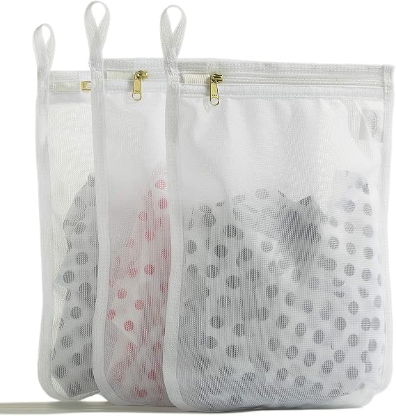 TENRAI Delicates Laundry Bags, Bra Fine Mesh Wash Bag for Underwear, Lingerie, Bra, Pantyhose, Socks, Use YKK Zipper, Have Hanger Loops, Small Openings (White, 3 Small)