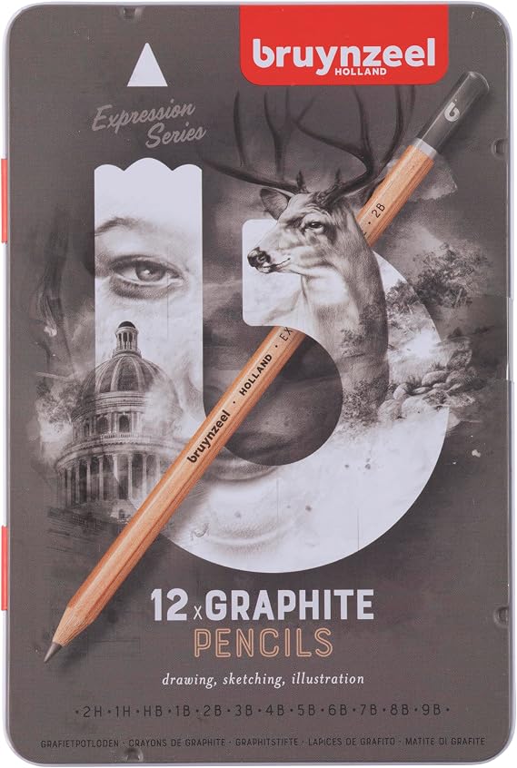 Bruynzeel Expression Graphite Pencil Set of 12 in Tin | 2H – 9B Pencils for Sketching and Drawing