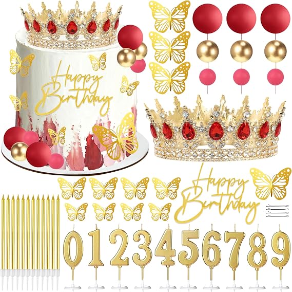 SUTROMA Crown Cake Topper, Gold Birthday Candles Balls (Golden Red Crown) | Happy Birthday Cake Toppers, Corona Para Pastel, Cake Decorations for Princess Women Queen Party Wedding Decor