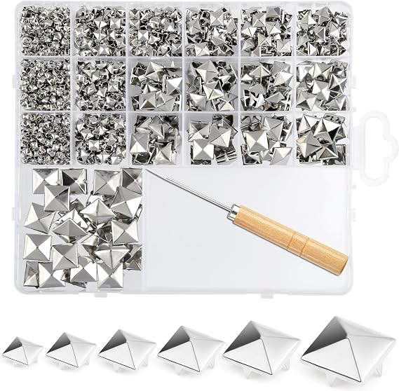 NEBURORA 1170Pcs Square Pyramid Studs 6 Sizes Leather Rivet Kit Silver Metal Four-Pronged Square Studs for Decorating Jackets Shoes Pet Collars Bags