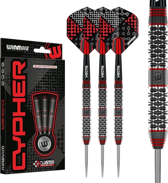 Winmau Darts Cypher 90% Tungsten Steel Tip Darts Set | 22G, 24G & 26G | Dart Flights and Dart Shafts (Stems)