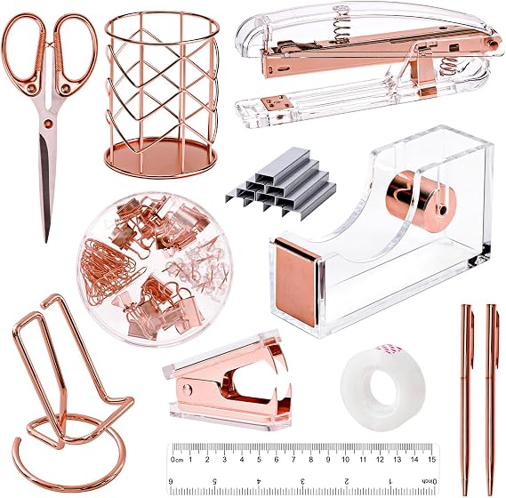 EOOUT Rose Gold Desk Accessories, Office Supplies, Accessories Set, Acrylic Stapler Set, Staple Remover, Mobile Holder, Pen Holder, Scissors, Ruler, Transparent Tape