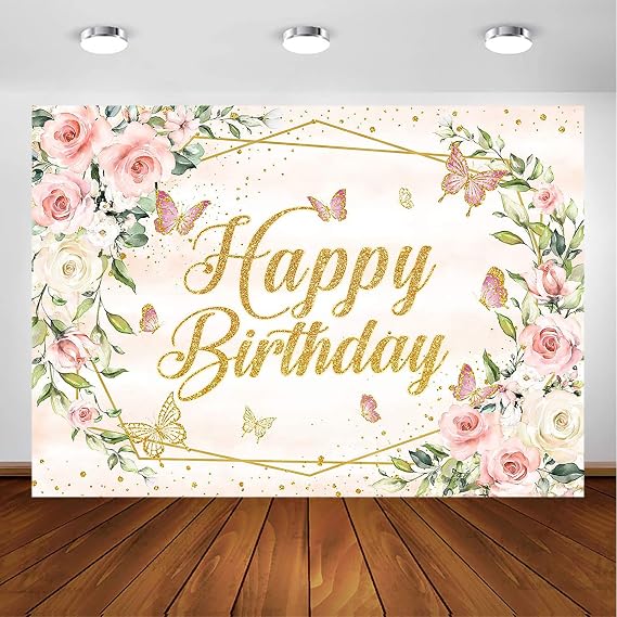 Avezano Butterfly Birthday Backdrop Girls Floral Pastel Butterflies Birthday Party Background Pink Lilac Gold Butterfly Kisses and Birthday Wishes Party Decorations Photo Banner (Pink, 7x5ft)