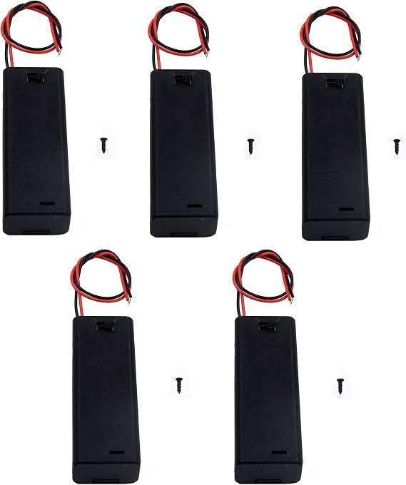 (Pack of 5 Single 1AA Battery Holder with Cover and Switch, AA Battery Holder with Leads Wires