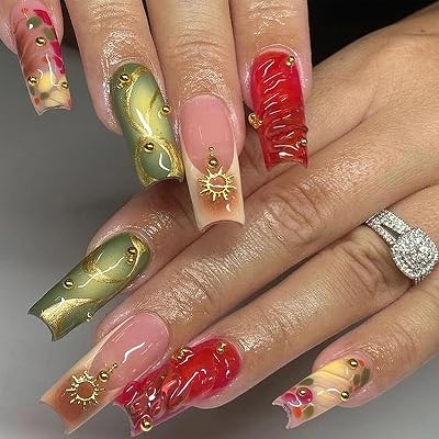 French Tip Press on Nails Green Medium Square Fake Nails with Charms Designs Glossy Red Full Cover 3D False Nails Curve Line Gold Pearl Stick on Nails Reusable Acrylic Nails for Women 24Pcs