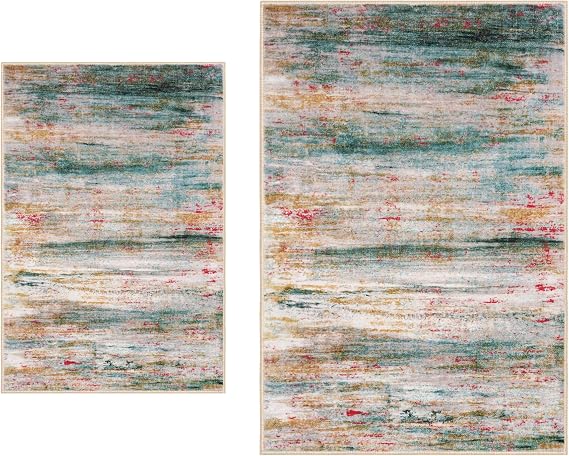KOZYFLY 2 PCS Modern Abstract Rugs, 2x3 and 3x5 Washable Kitchen Rug Non-Slip Soft Small Bathroom Rug, Green Striped Entryway Rugs Abstract Print Faux Wool Doormat for Bedside Entrance Bedroom Sink