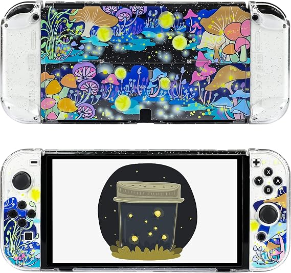 RHOTALLマッシュルームクリアカバーケース Nintendo Switch OLED対応 スイッチOLEDコンソール用のかわいいパターンデザインの透明シェル、コントローラー用コンフォートグリップシェル - グローワーム