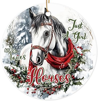 Keluna Horse Christmas Tree Ornaments - Just a Girl Who Loves Horse Gifts White Ceramic Ornaments for Christmas Tree, Western Home Indoor Outdoor Decor