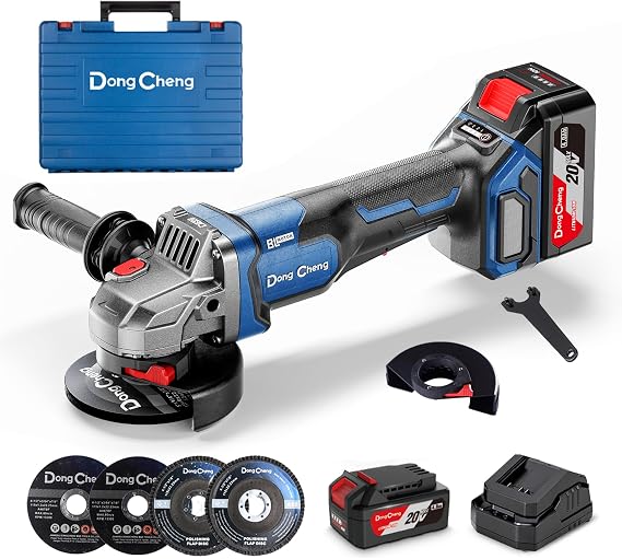 Dong Cheng Cordless Angle Grinder 20V 4-1/2 inch, 9000RPM with Paddle Switch, Cut Off Tool, DSC Protection for Cutting, Grinding, Polishing, Included 6 Discs & 4.0Ah Battery Kit (2x Battery Set)