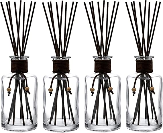 WHOLE HOUSEWARES Set of 4 Diffuser Bottles with Sticks - 7.5oz Empty Glass Diffuser Bottle for Essential Oils - Oil Diffusers Container with 32pcs Reed Sticks for Aromatherapy and Home Fragrance