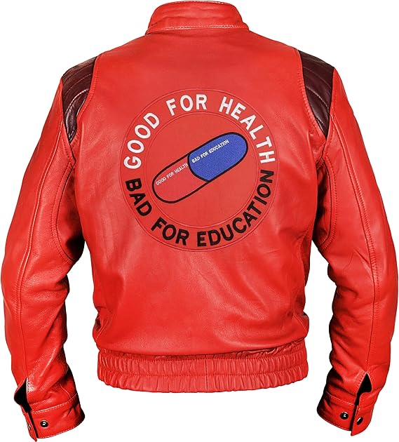 Mens Red Motorcycle Capsule Logo Pill Cosplay Costume Biker Faux Leather Bomber Jacket Red/Black
