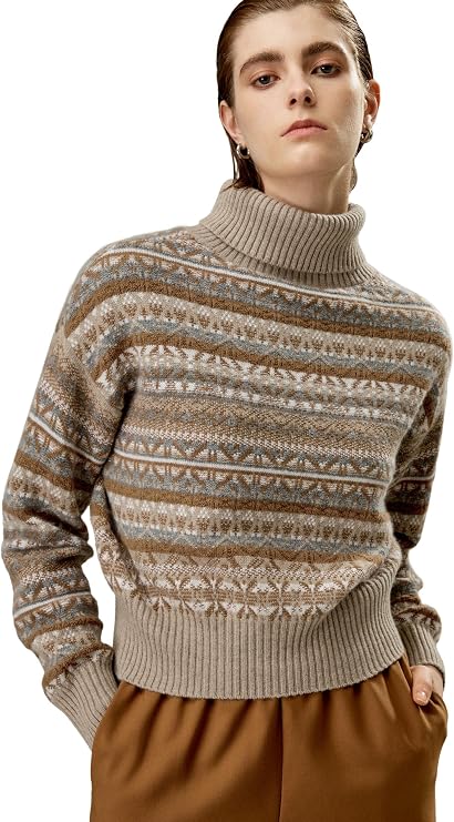 LilySilk 100% Cashmere Pullover for Women Fair Isle PatternedTurtleneck Sweater for Winter Drop Shoulder Jumper