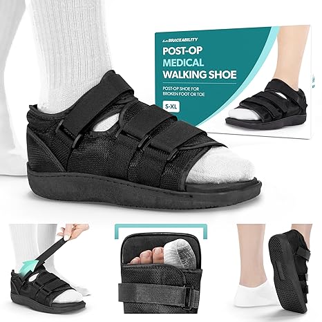 BraceAbility Post Op Shoe Foot Brace - Adjustable Orthopedic Medical Walking Boot for Broken Toe, Stress Fracture Injuries, Universal Cast Shoe for Men or Women After Foot Surgery Recovery (L - Male)