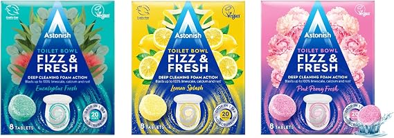 Astonish Fizz & Fresh Foaming Toilet Bowl Cleaner Tablets Bundle Deep Cleaning Eucalyptus, Lemon Splash & Pink Peony Scents Limescale, Calcium & Rust Remover for Hard-to-Reach Stains, 24 Tablets T